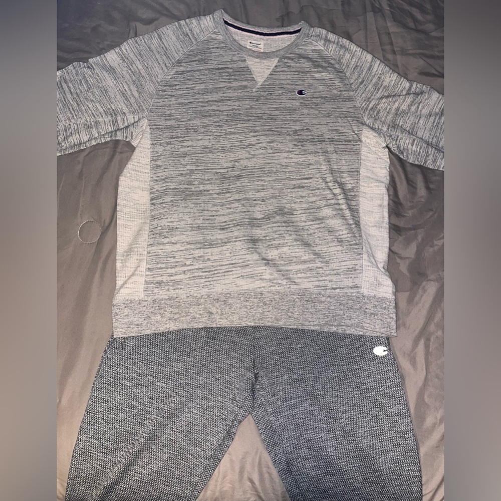 Grey Champion Jogger Sweatpants & Long Sleeve Crewneck Shirt Matching Outfit